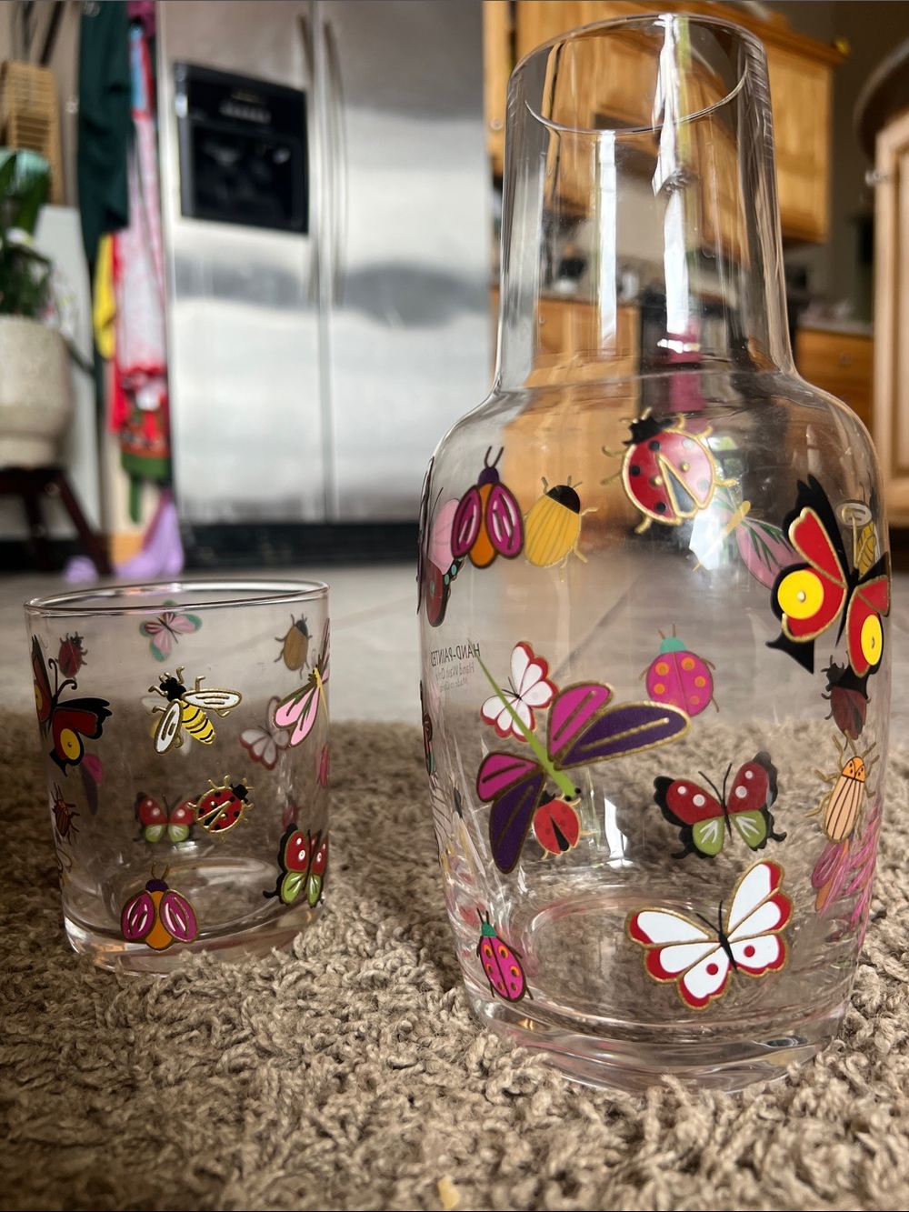 Clear Glass Carafe and Tumbler Set with Colorful Butterfly and Bug Decals